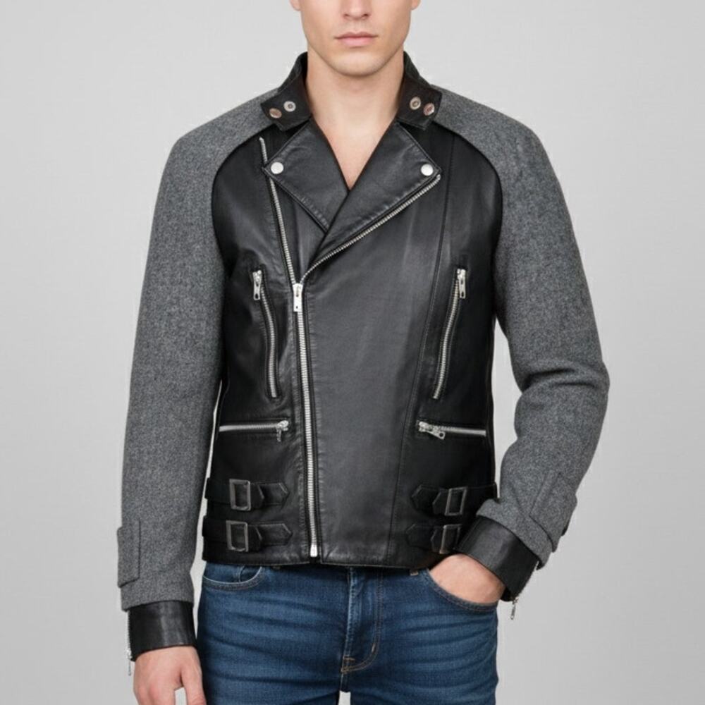 SONS OF HEROES Mens Black Leather Motorcycle Jacket Tweed Overlay Medium Biker
